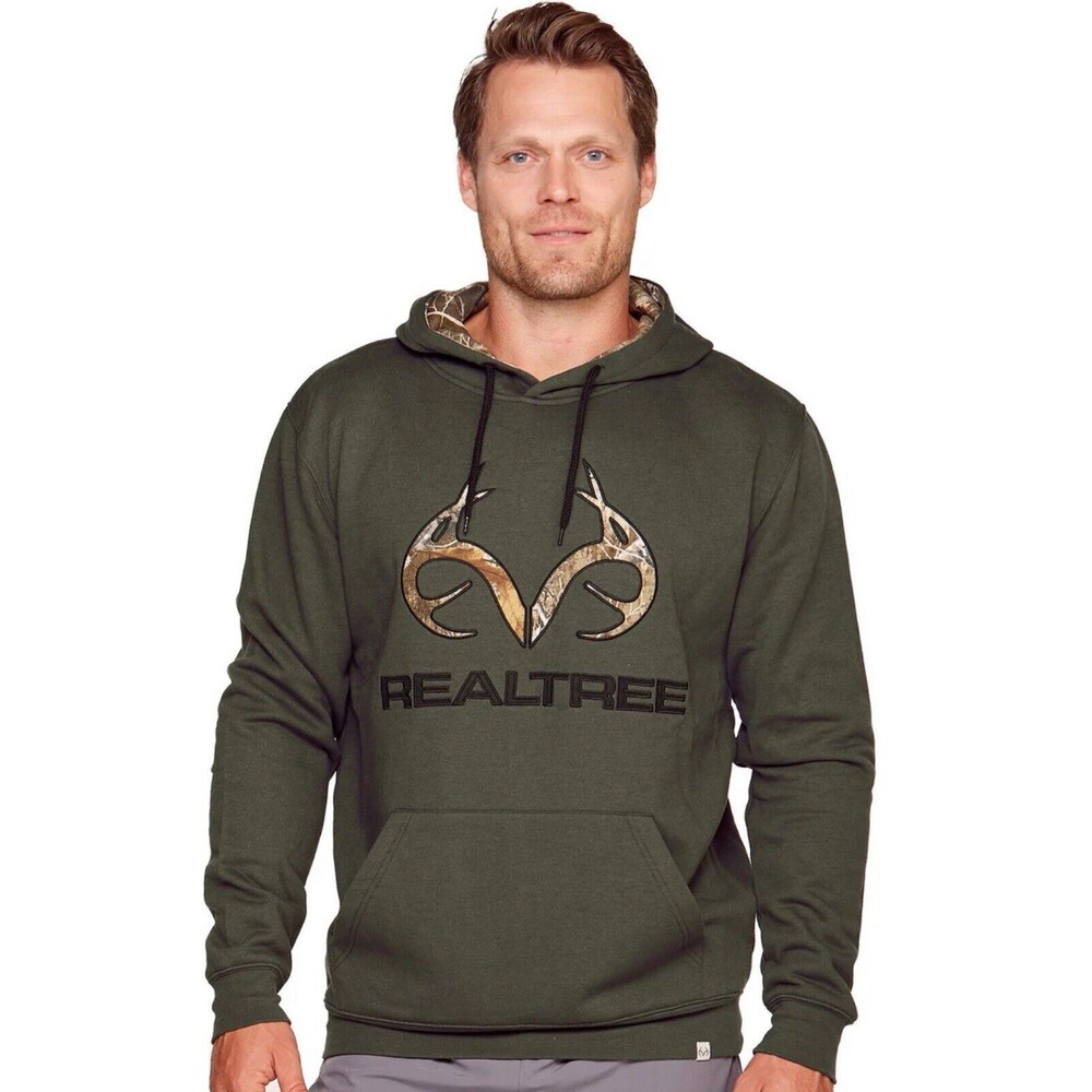 Realtree Hoodie Mens Large Green W/Camo Hood Antler Fleece  Pullover Sweatshirt